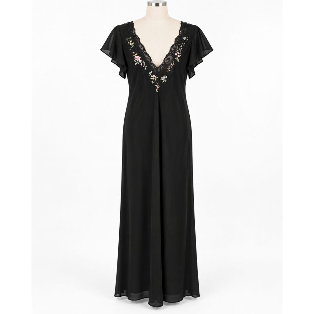 Oscar De La Renta Pink Label Floral Embroidered Black Slip Dress Size M